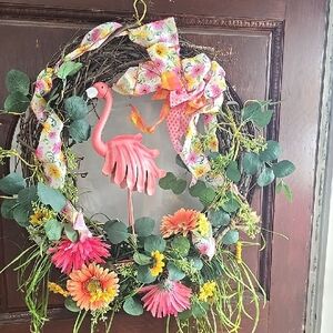 Floral Flamingo Wreath with Pink Accents